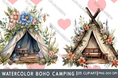 Watercolor boho camping clipart