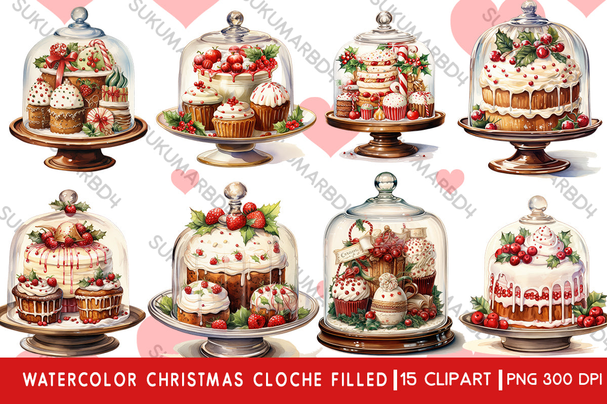 Watercolor Christmas cloche filled clipart