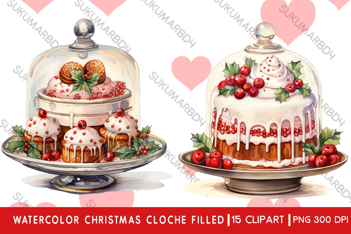 Watercolor Christmas cloche filled clipart