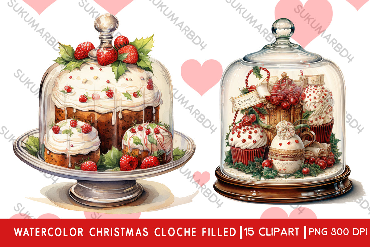 Watercolor Christmas cloche filled clipart