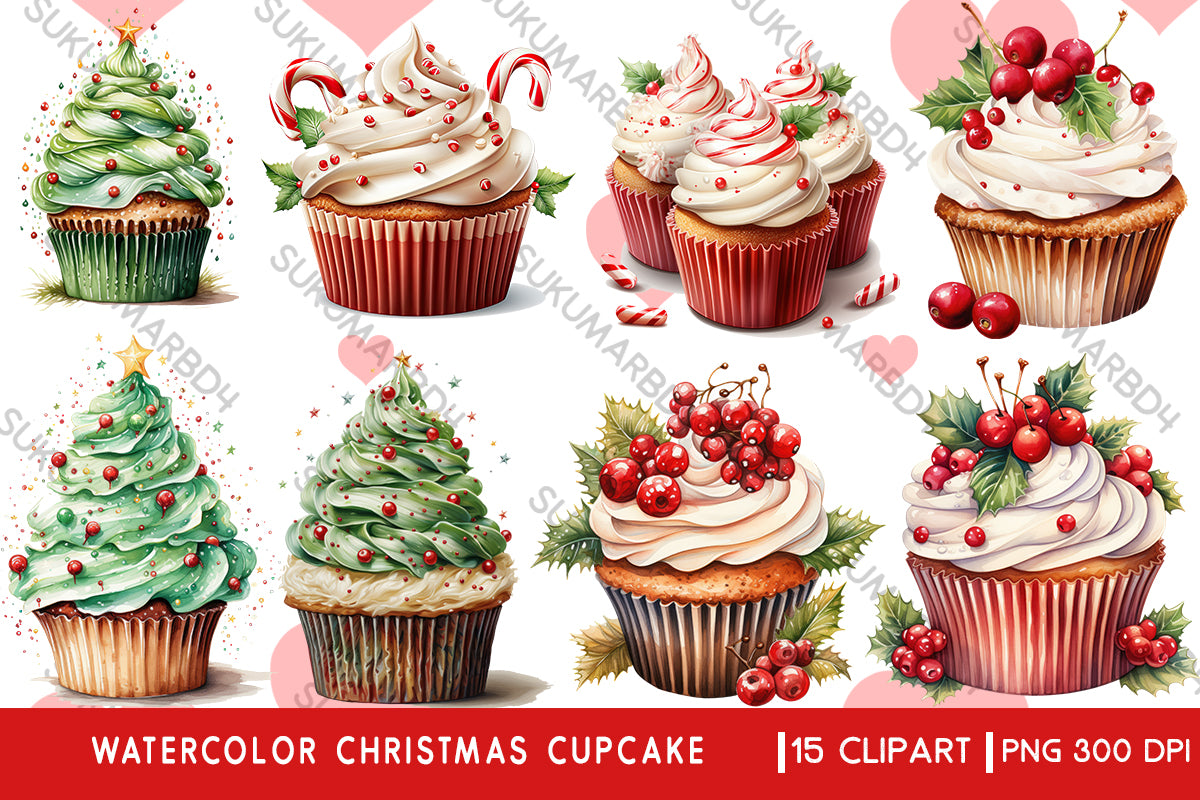 Watercolor Christmas cupcake clipart