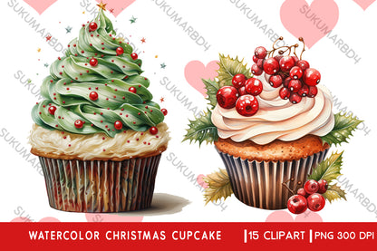 Watercolor Christmas cupcake clipart