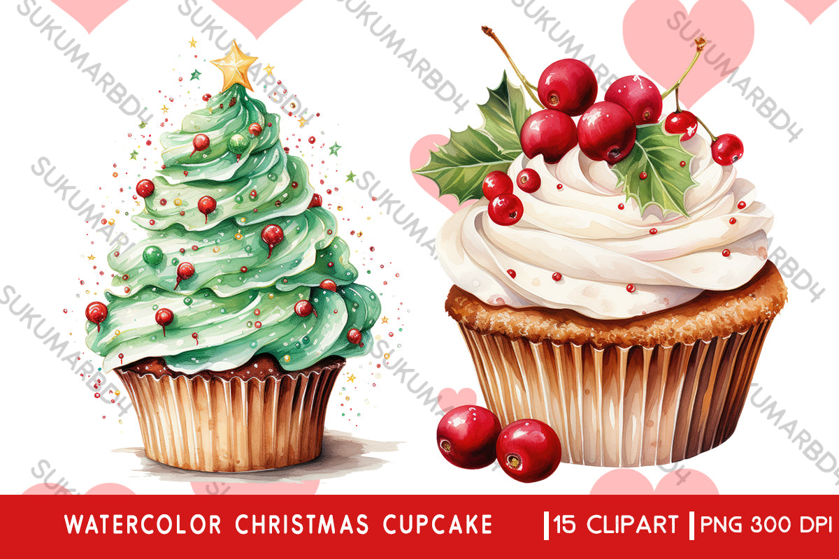 Watercolor Christmas cupcake clipart