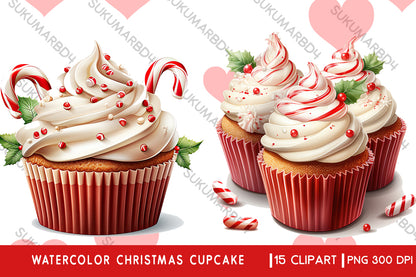 Watercolor Christmas cupcake clipart