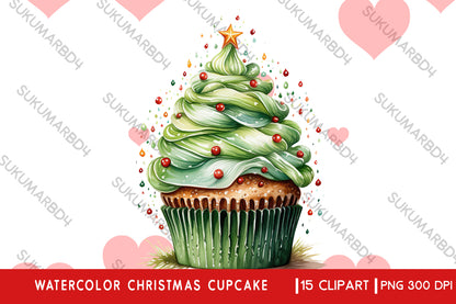 Watercolor Christmas cupcake clipart