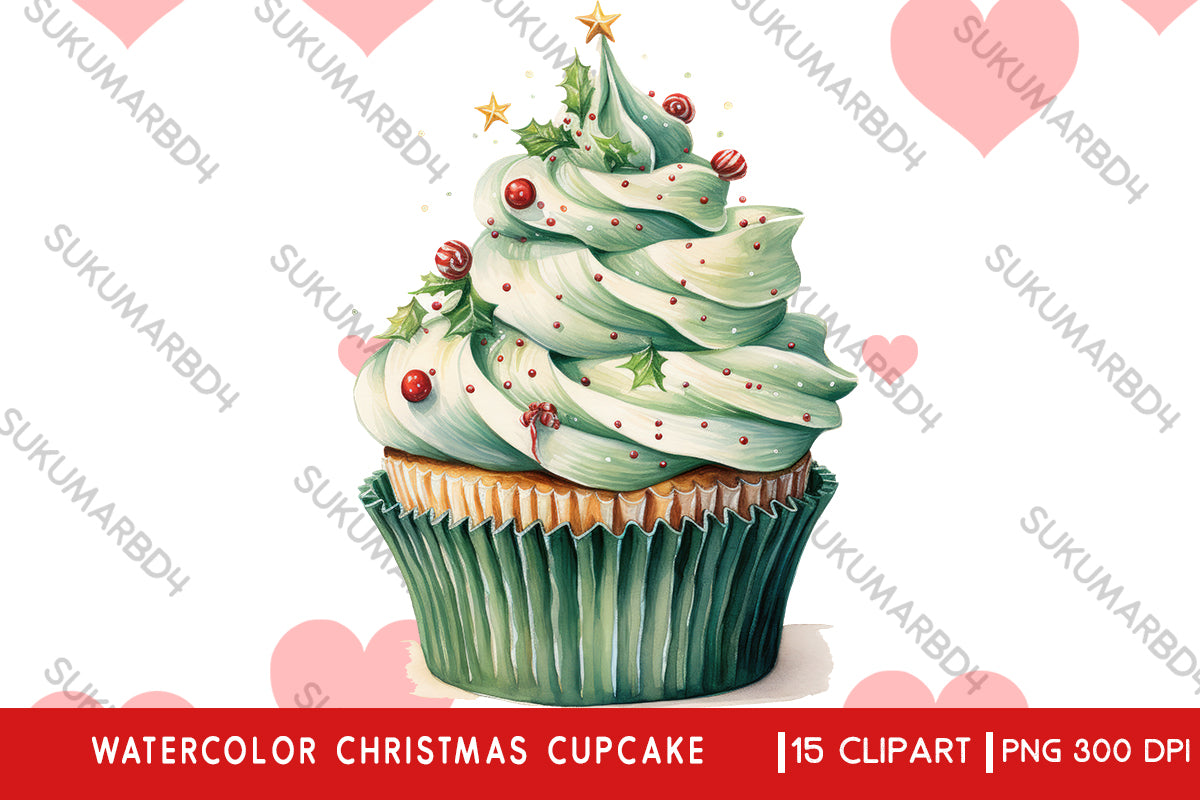 Watercolor Christmas cupcake clipart