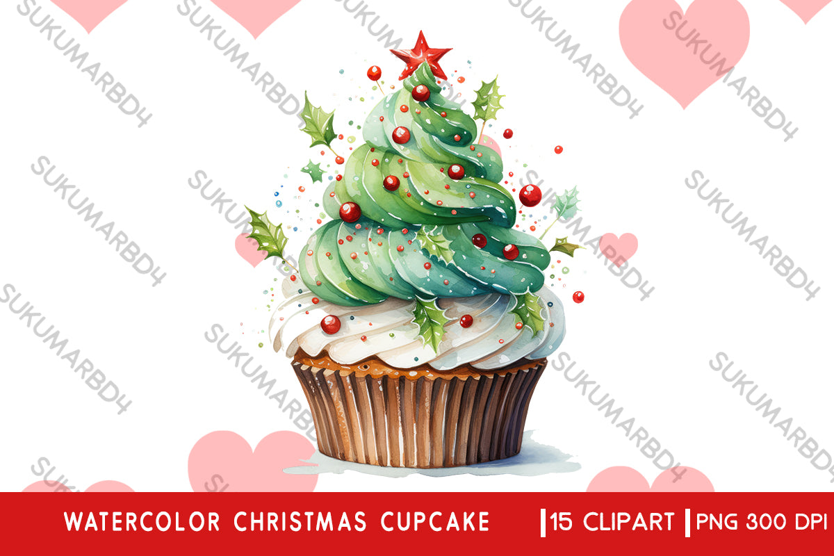 Watercolor Christmas cupcake clipart