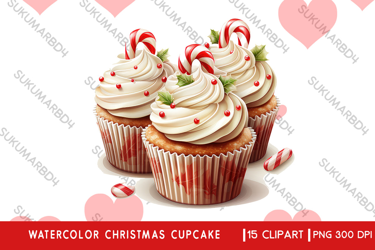 Watercolor Christmas cupcake clipart