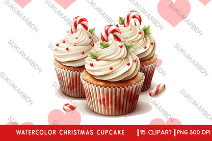 Watercolor Christmas cupcake clipart