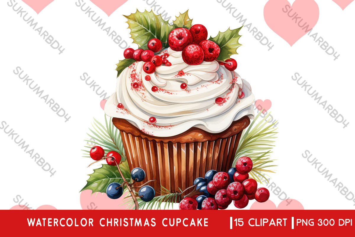 Watercolor Christmas cupcake clipart