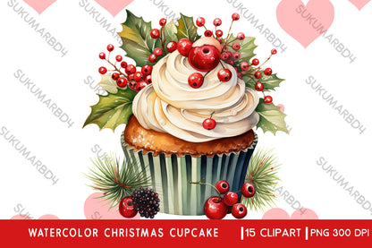 Watercolor Christmas cupcake clipart