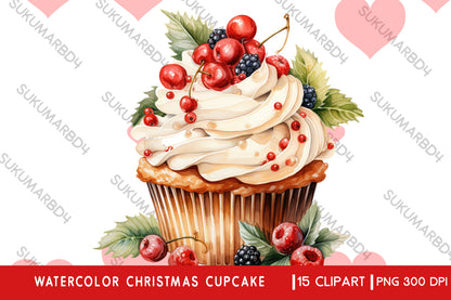 Watercolor Christmas cupcake clipart