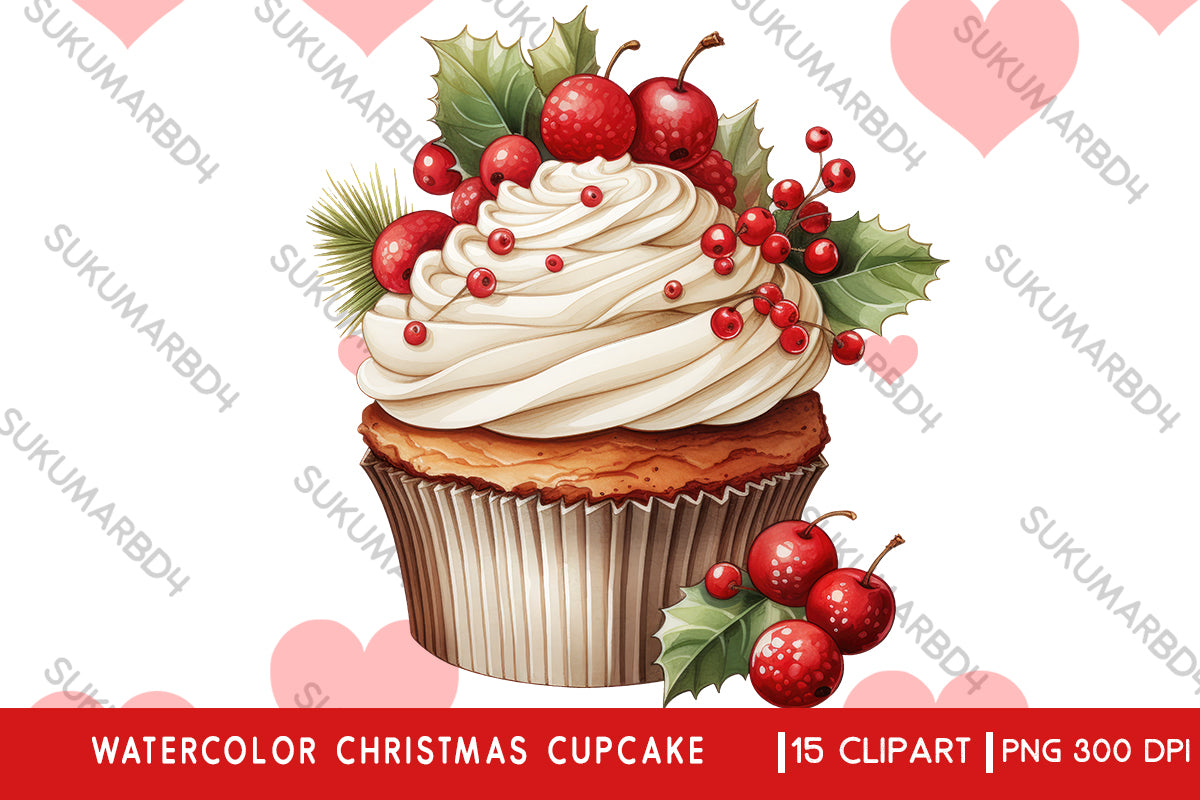 Watercolor Christmas cupcake clipart