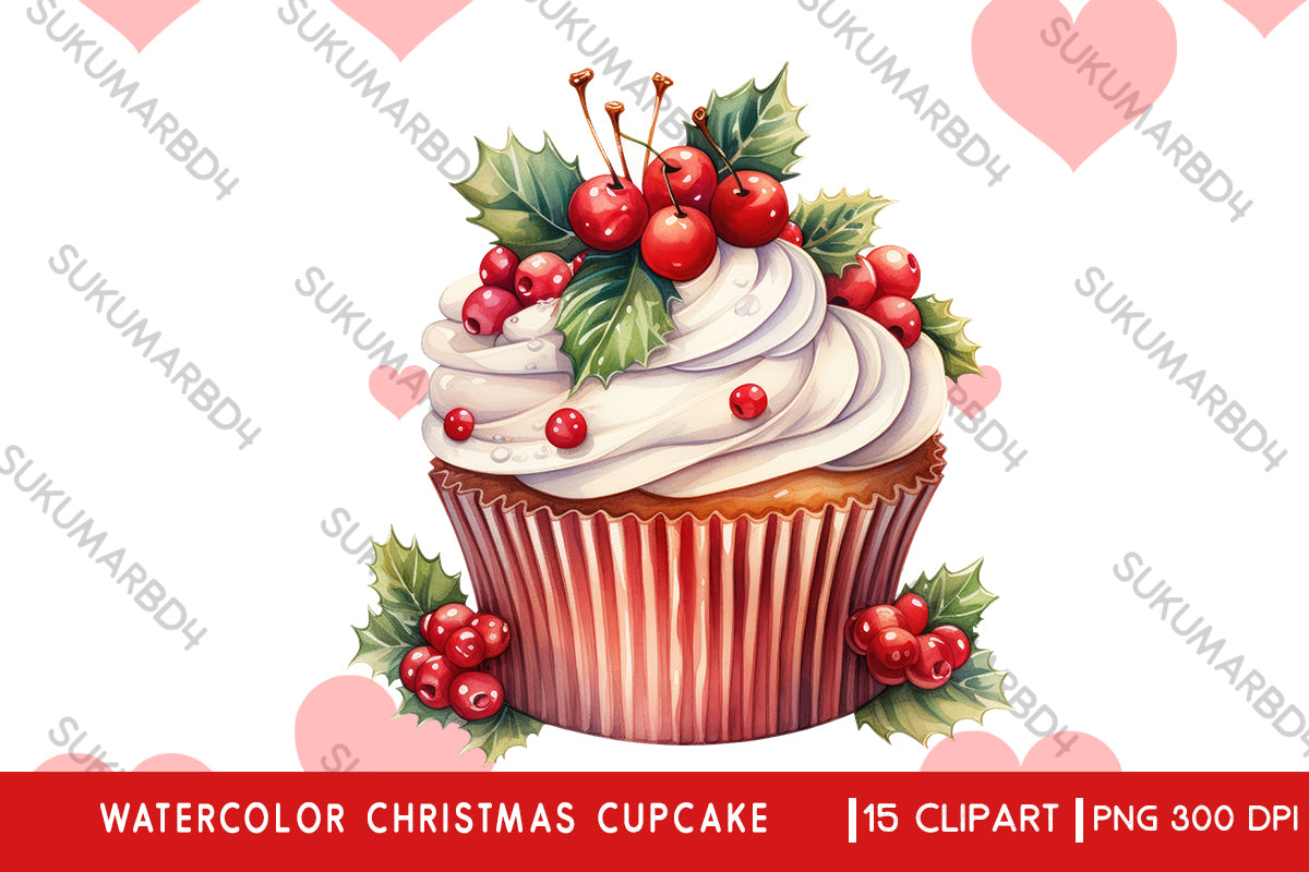 Watercolor Christmas cupcake clipart