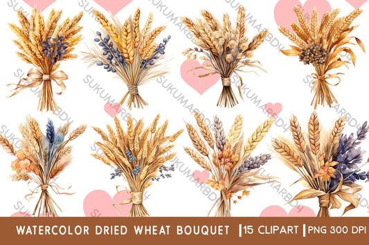 Watercolor dried wheat bouquet clipart