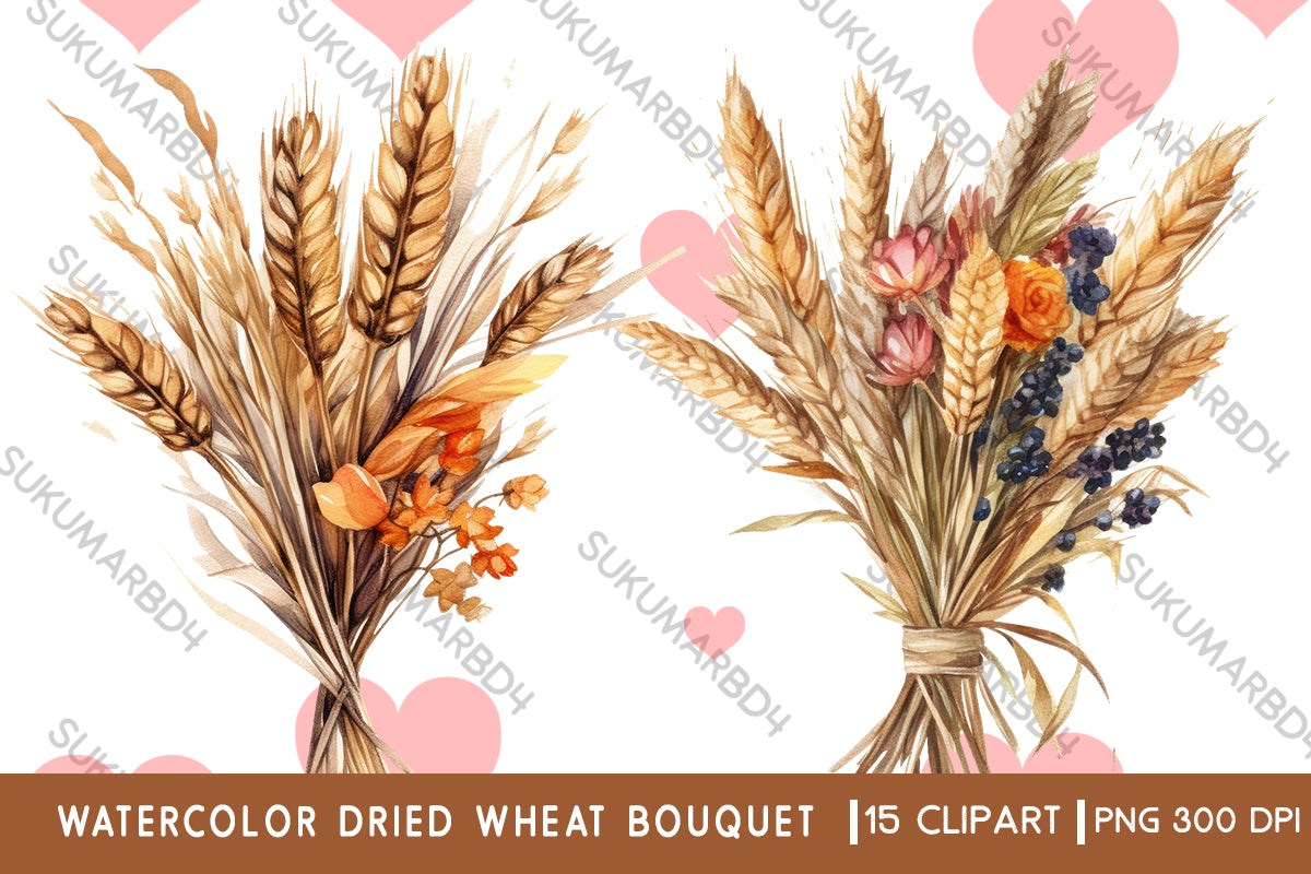 Watercolor dried wheat bouquet clipart