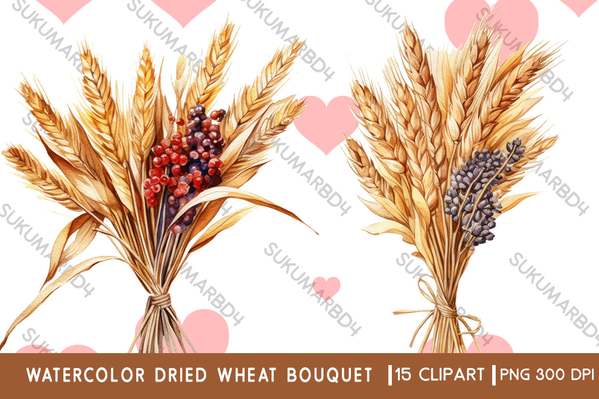 Watercolor dried wheat bouquet clipart