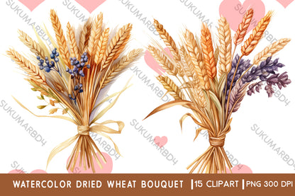 Watercolor dried wheat bouquet clipart