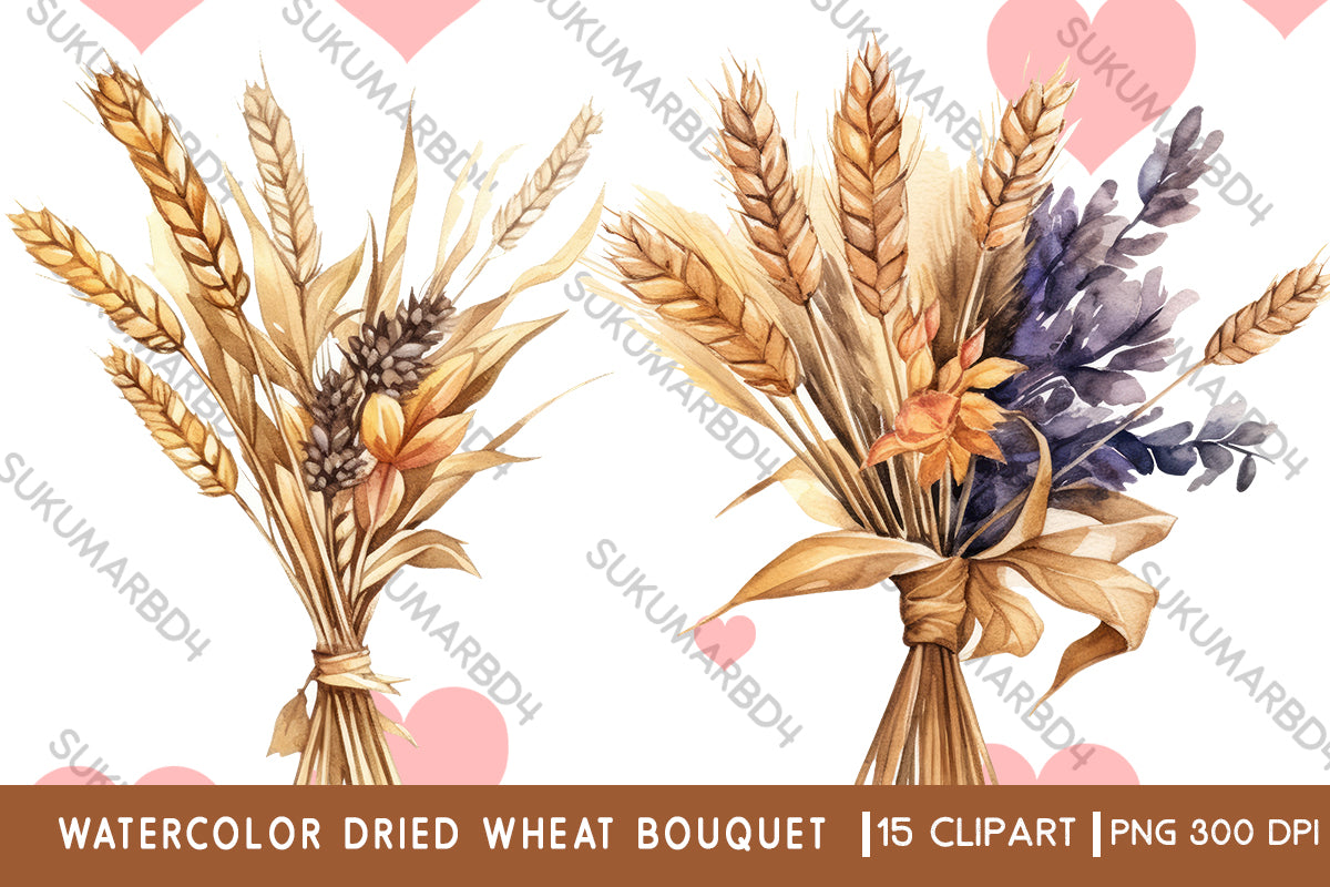 Watercolor dried wheat bouquet clipart