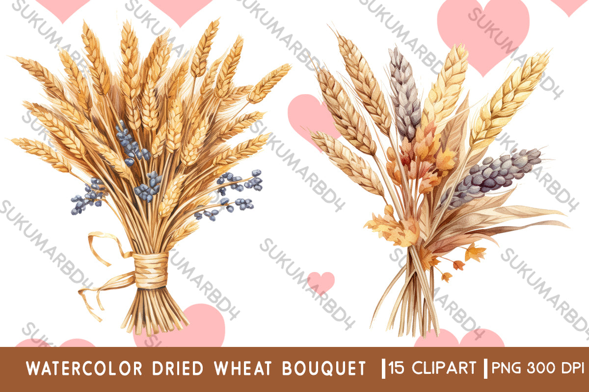 Watercolor dried wheat bouquet clipart