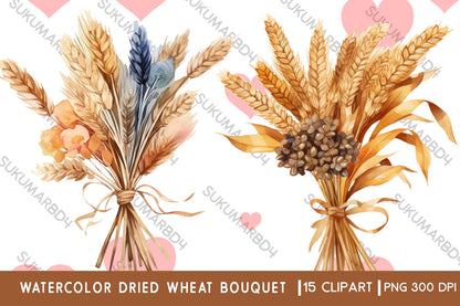 Watercolor dried wheat bouquet clipart