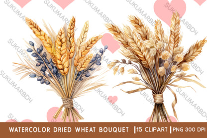 Watercolor dried wheat bouquet clipart