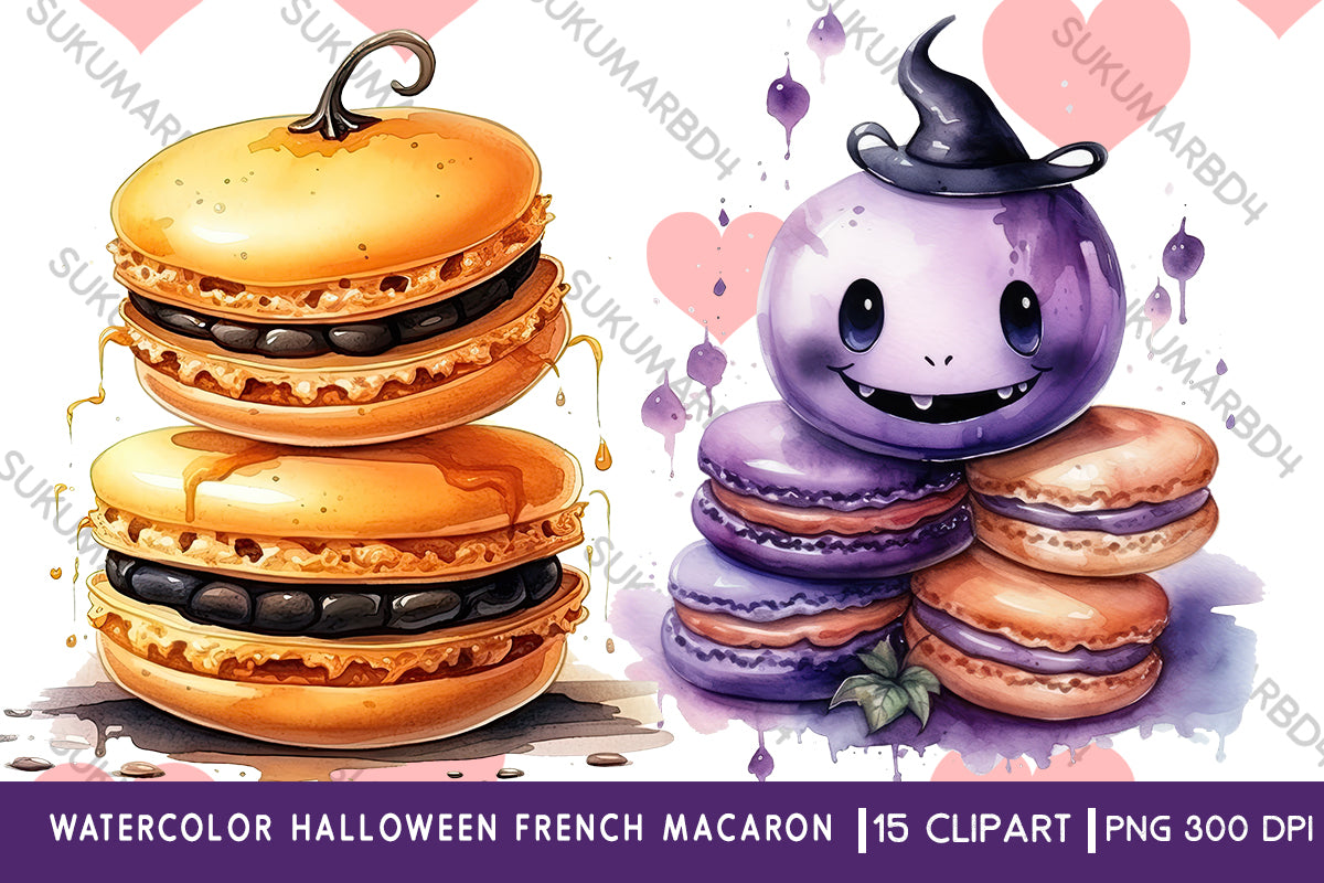 Watercolor Halloween French macaron clipart