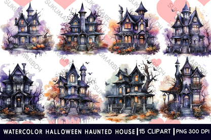 Watercolor Halloween haunted house clipart