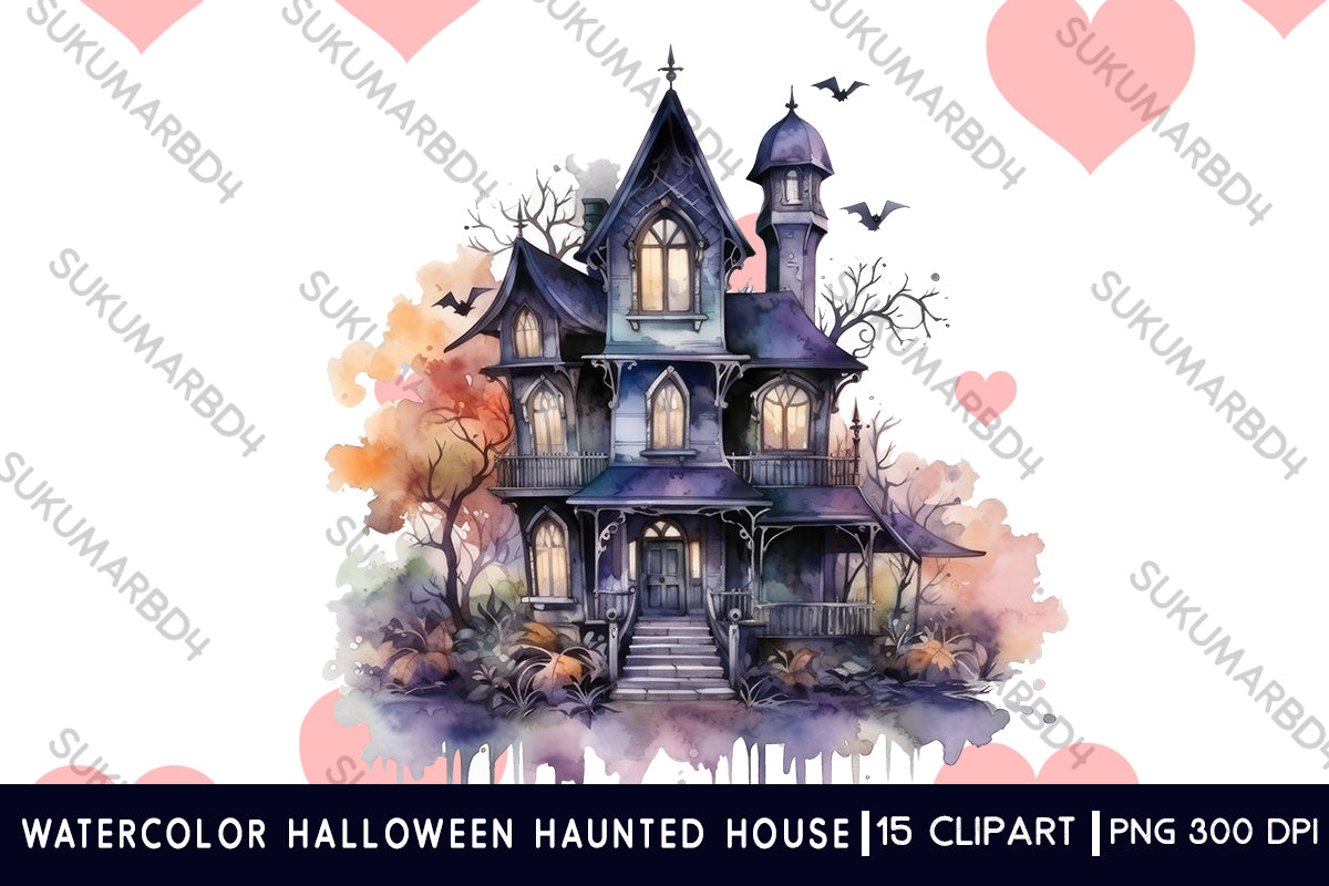 Watercolor Halloween haunted house clipart