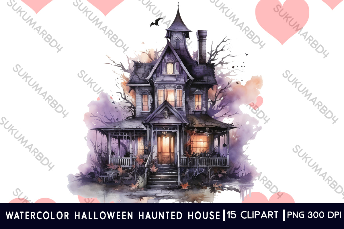 Watercolor Halloween haunted house clipart