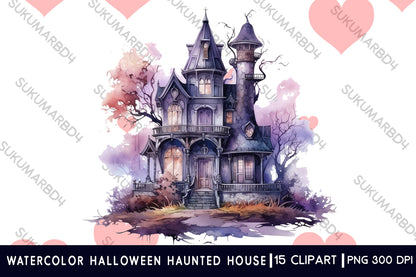 Watercolor Halloween haunted house clipart