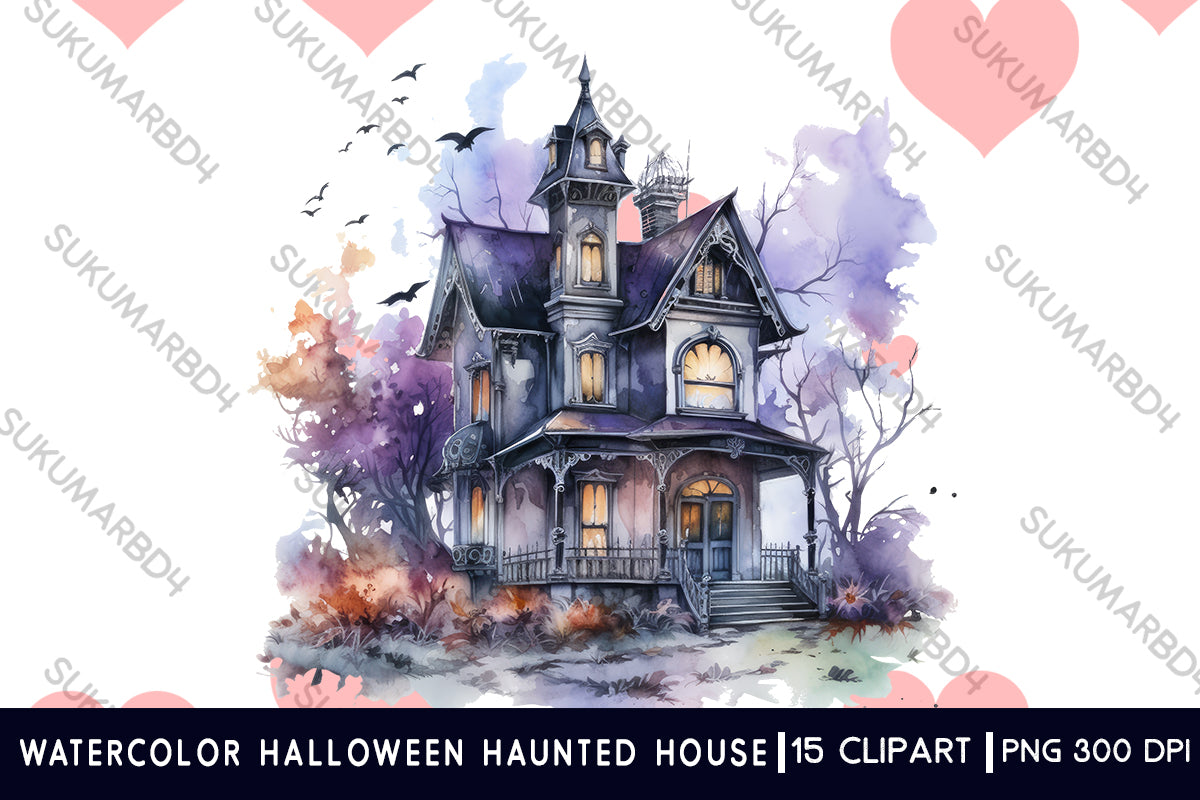 Watercolor Halloween haunted house clipart