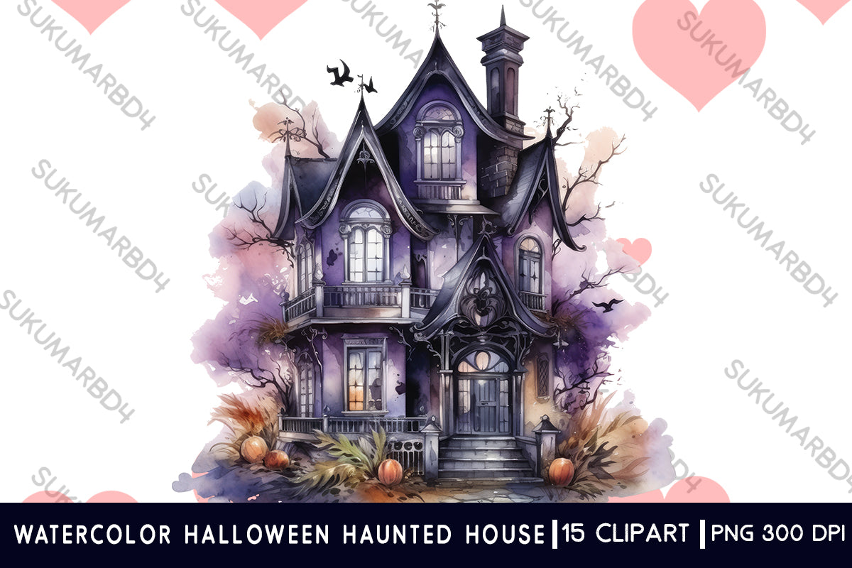 Watercolor Halloween haunted house clipart