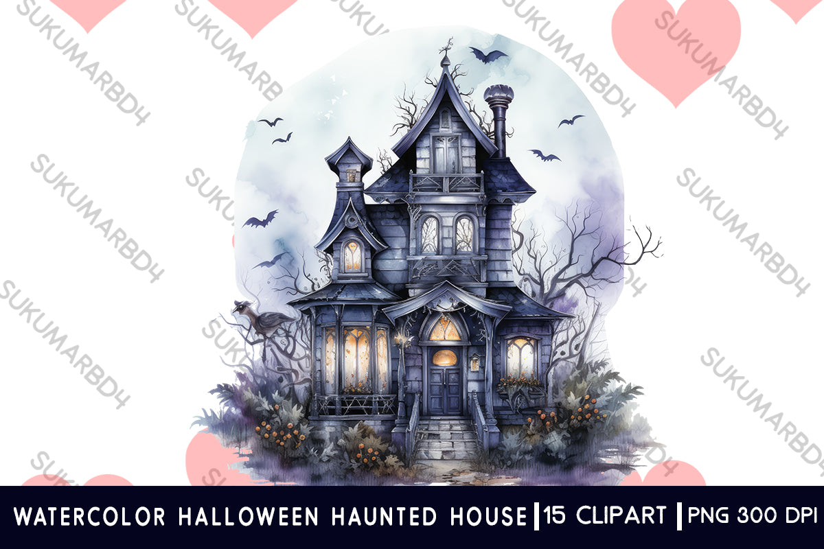 Watercolor Halloween haunted house clipart