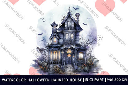 Watercolor Halloween haunted house clipart