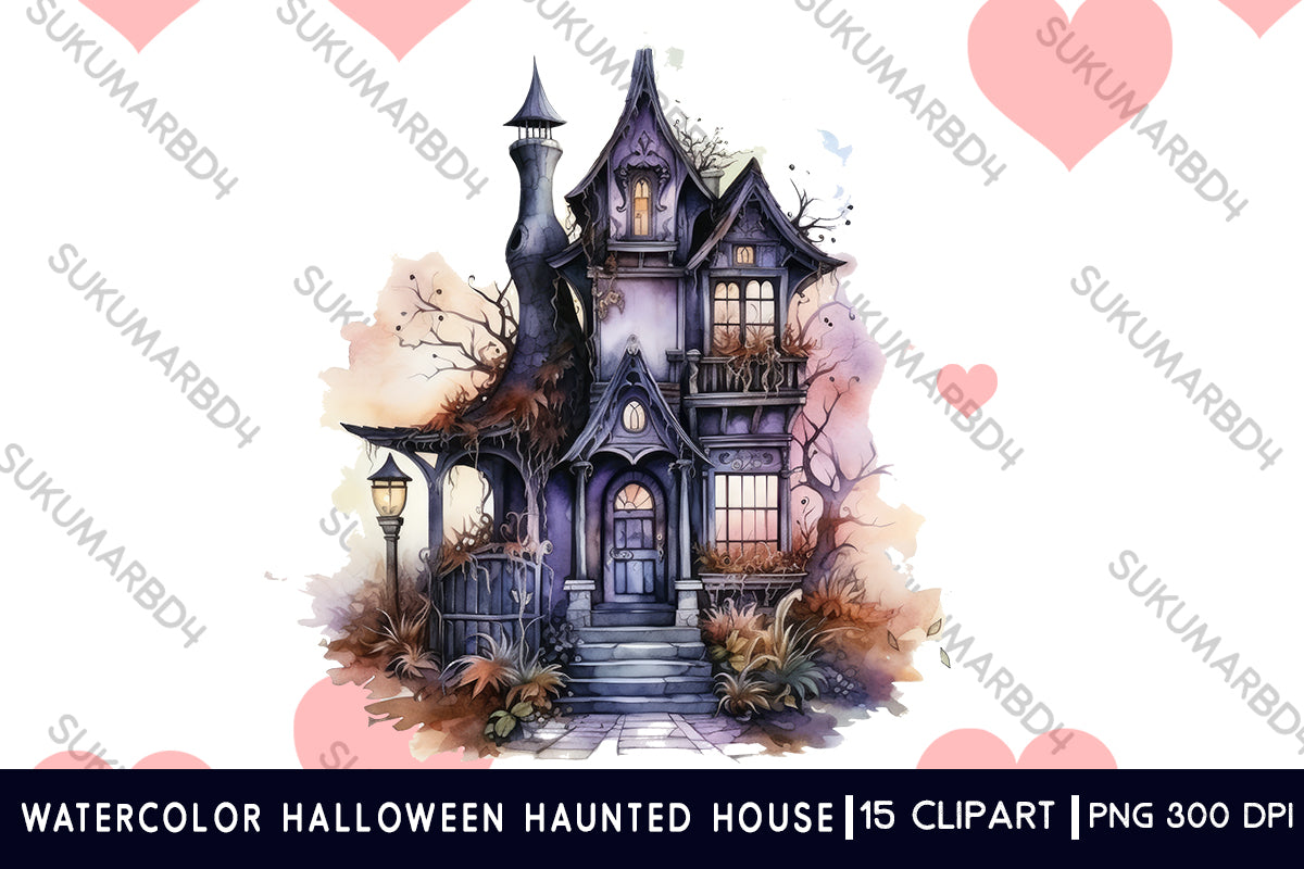 Watercolor Halloween haunted house clipart