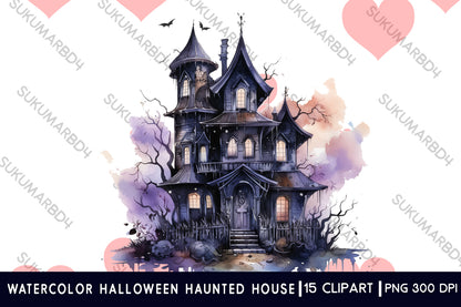 Watercolor Halloween haunted house clipart