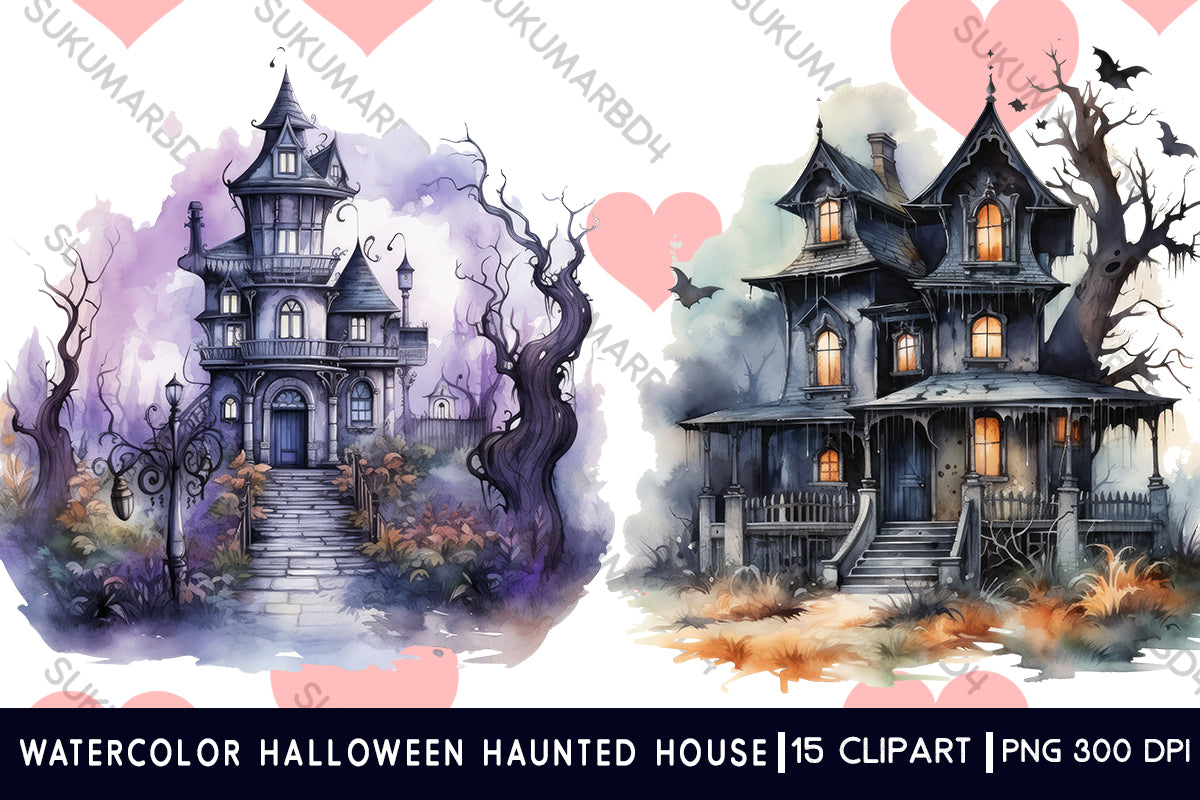 Watercolor Halloween haunted house clipart