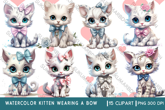 Watercolor kitten wearing a bow clipart