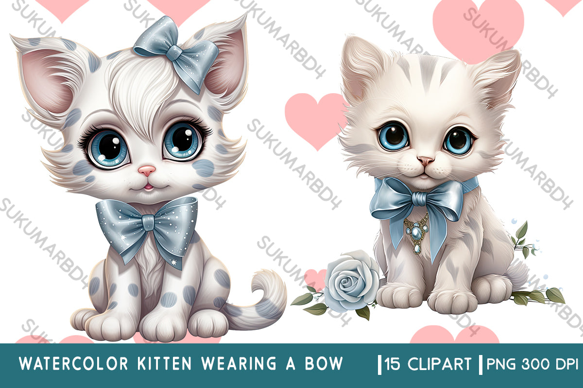 Watercolor kitten wearing a bow clipart