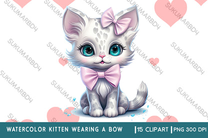 Watercolor kitten wearing a bow clipart