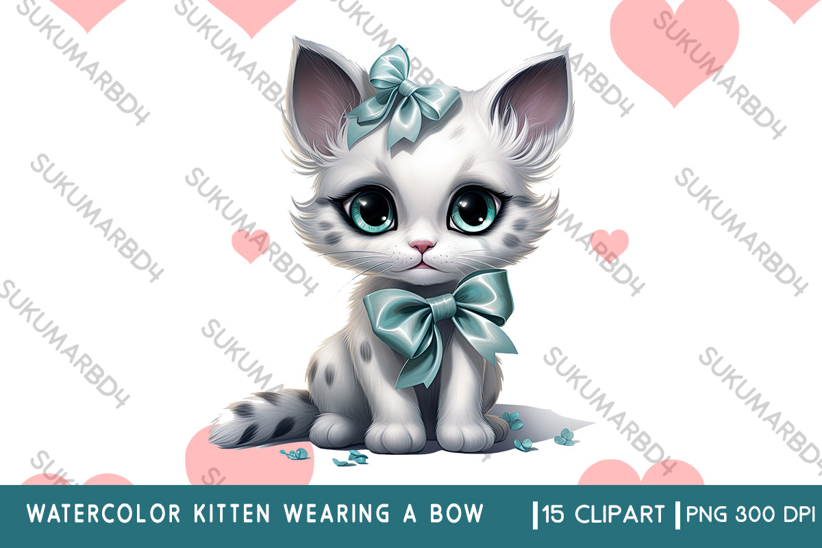 Watercolor kitten wearing a bow clipart