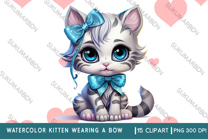 Watercolor kitten wearing a bow clipart