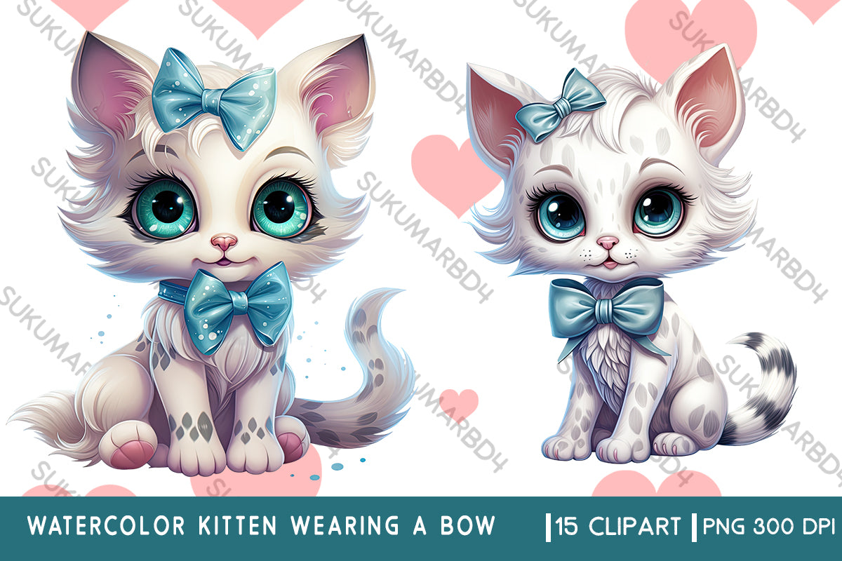 Watercolor kitten wearing a bow clipart