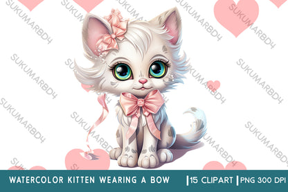 Watercolor kitten wearing a bow clipart