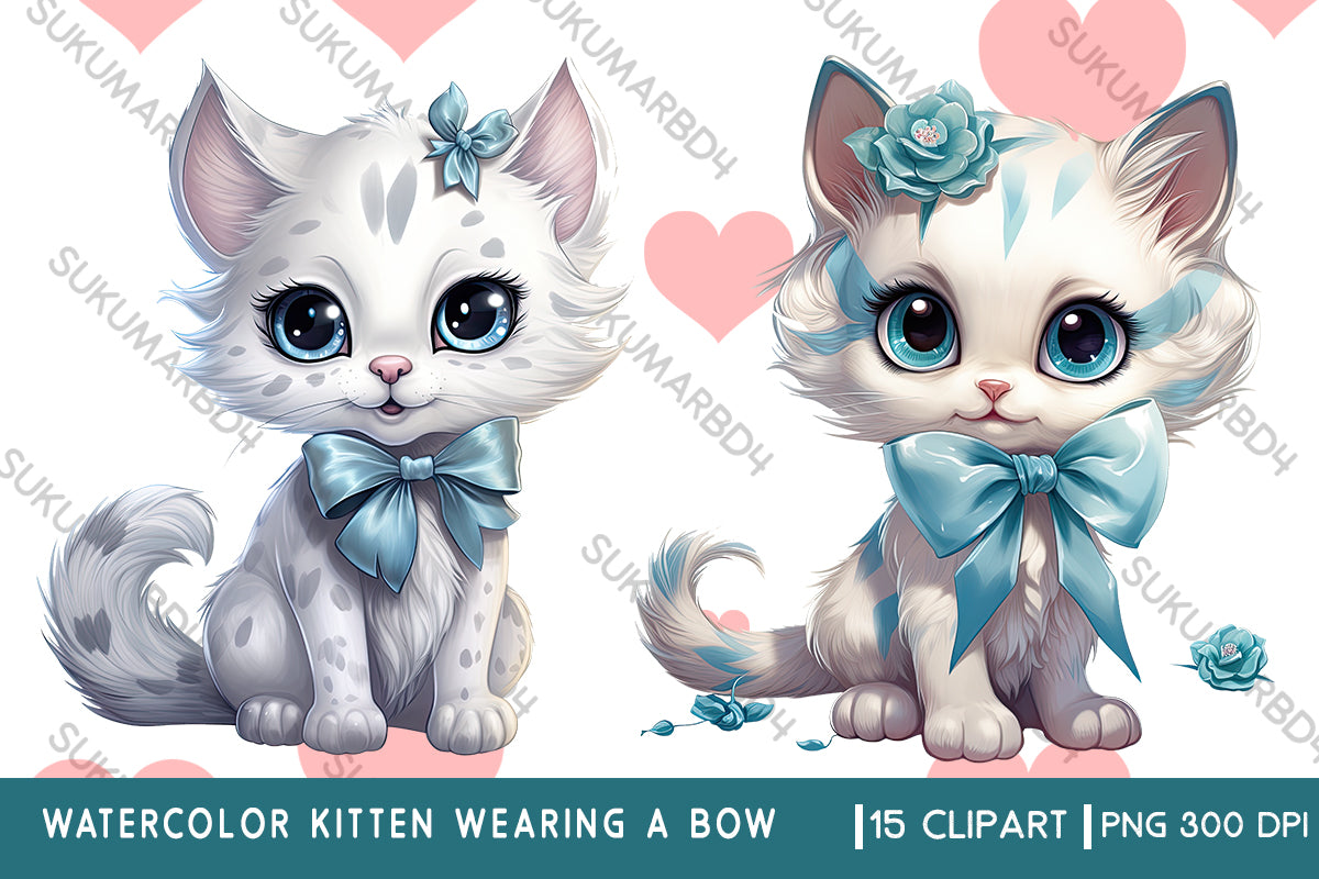 Watercolor kitten wearing a bow clipart