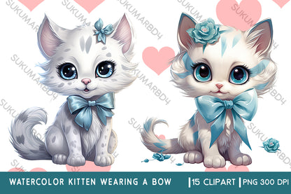 Watercolor kitten wearing a bow clipart