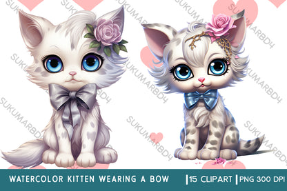 Watercolor kitten wearing a bow clipart