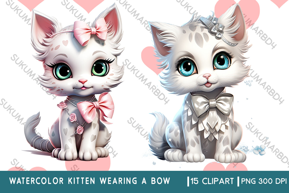 Watercolor kitten wearing a bow clipart