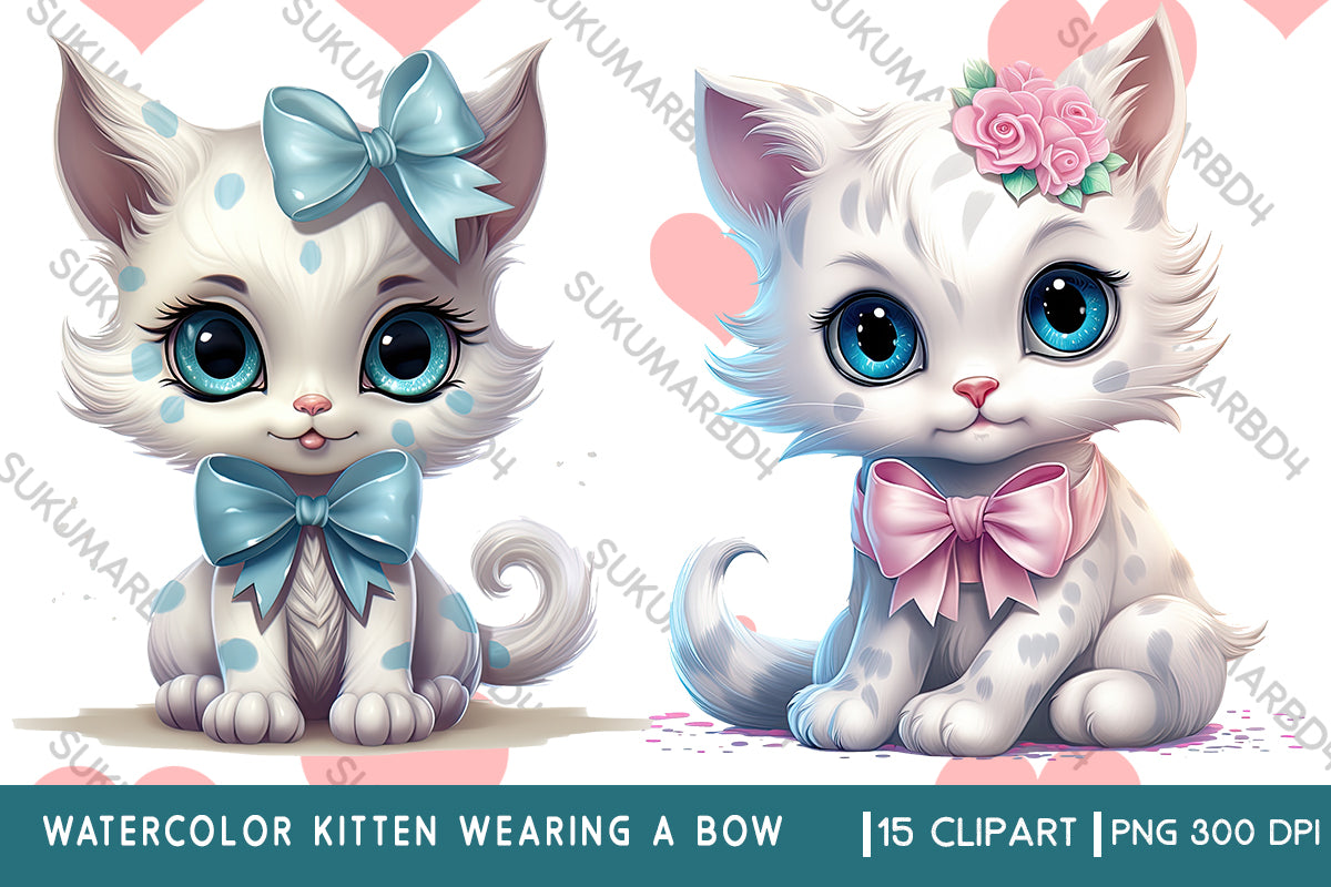 Watercolor kitten wearing a bow clipart